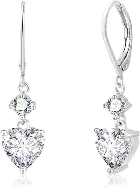 14K Gold 925 Sterling Silver Heart Dangle Earrings for Women, Silver Dangling Drop Halo Hearts Shaped Dangly Earring Cubic Zirconia Leverback Valentine Trendy Earrings