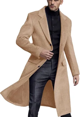 2023 Men's Casual Trench Coat Slim Fit Notched Collar Long Suit Jacket Overcoat Single Breasted Pea Coat Blazers wih Pockets