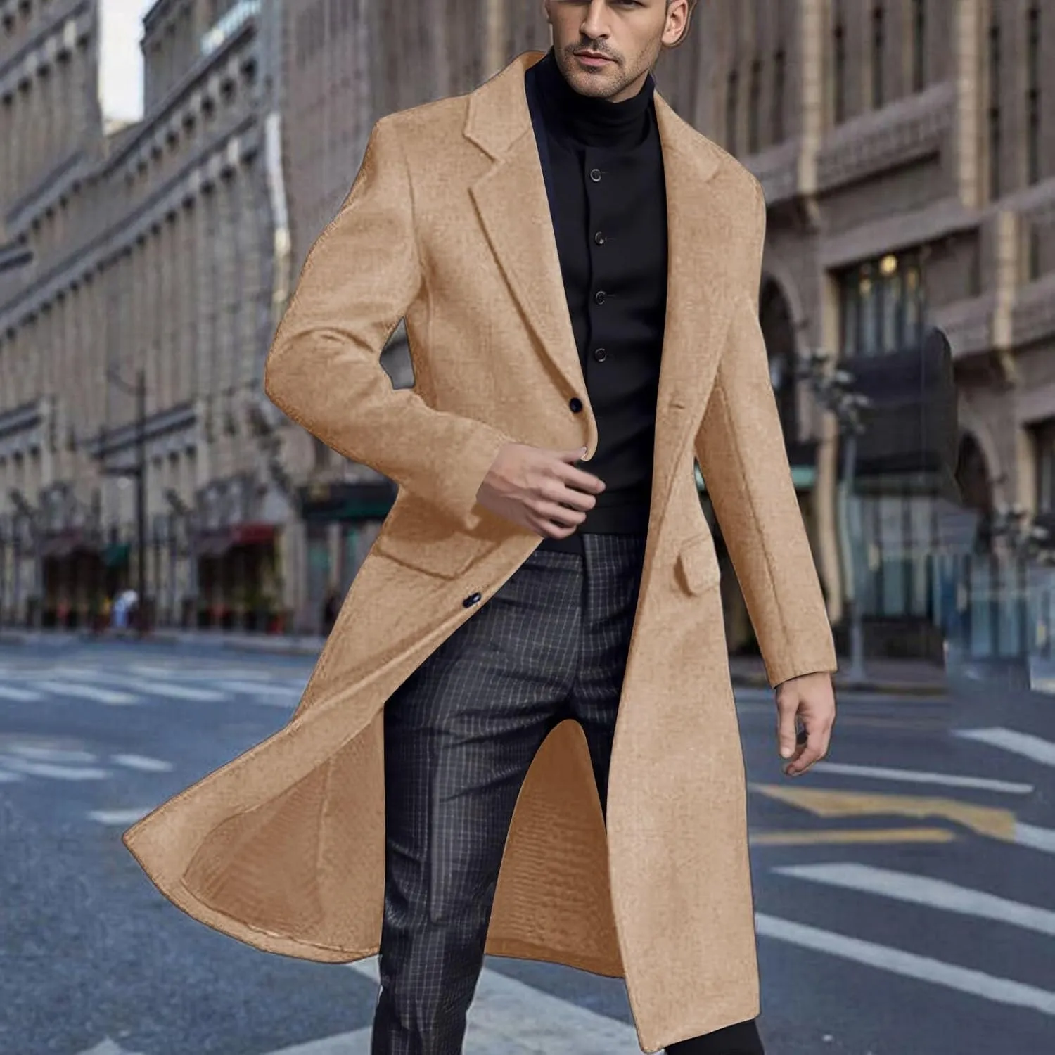 2023 Men's Casual Trench Coat Slim Fit Notched Collar Long Suit Jacket Overcoat Single Breasted Pea Coat Blazers wih Pockets