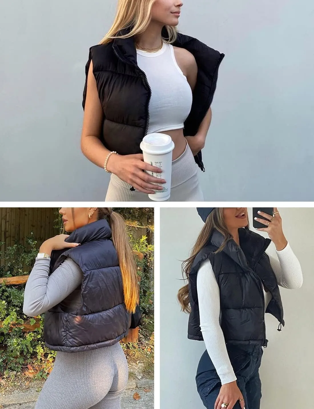 Athlisan Womens Cropped Puffer Vest Zip Up Stand Collar Sleeveless Padded Crop Vests