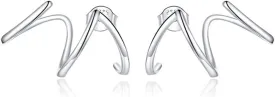 BISAER 925 Sterling Silver Triple Illusion Stud Earrings Double Huggie Hoop Earrings for One Hole Simple Trendy Claw Earring for Women Jewelry Gifts