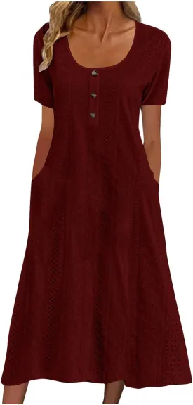 Button Front Midi Dress for Women Short Sleeve Casual Hide Tummy Loose Pockets Eyelet Summer