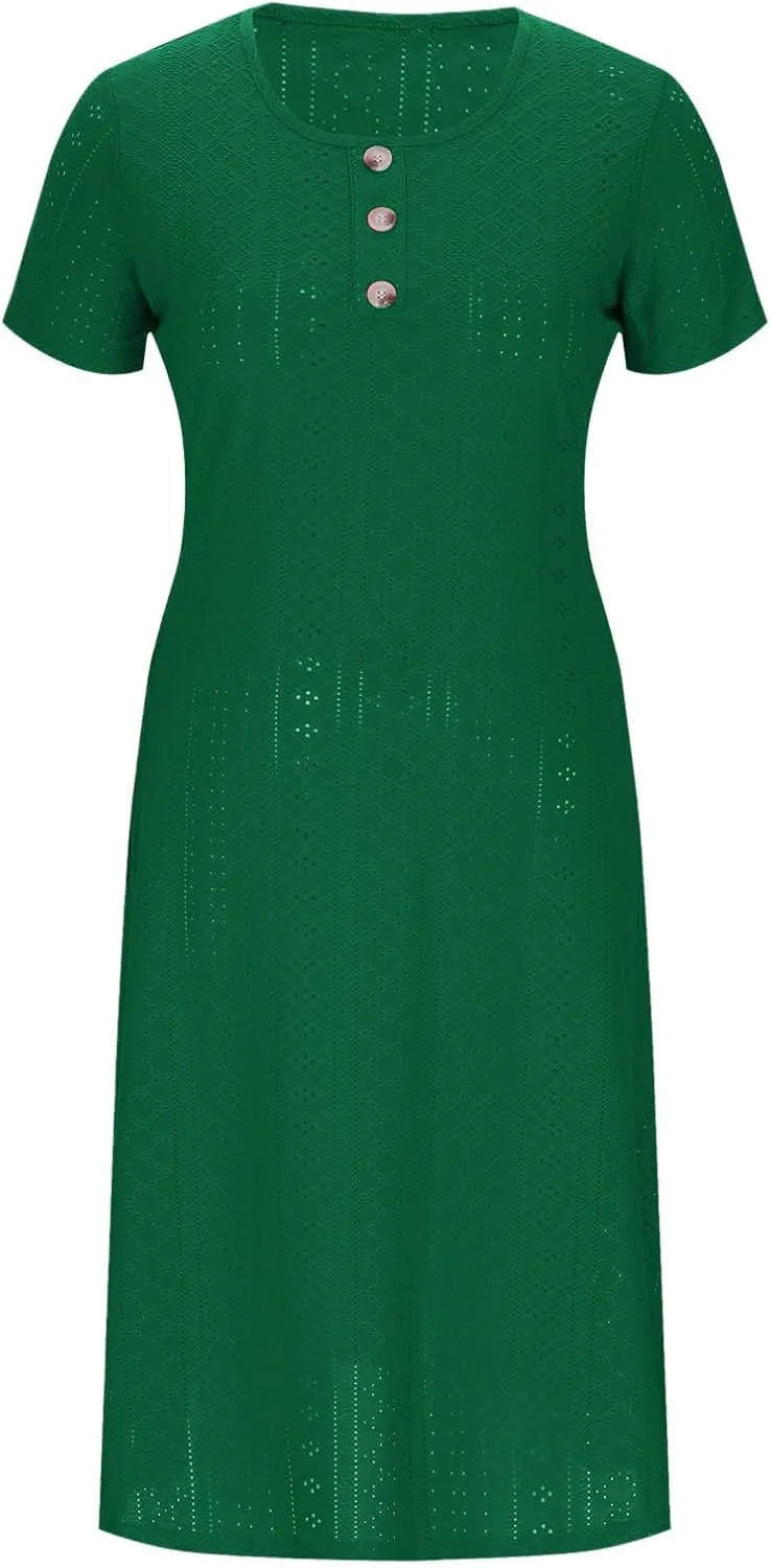 Button Front Midi Dress for Women Short Sleeve Casual Hide Tummy Loose Pockets Eyelet Summer