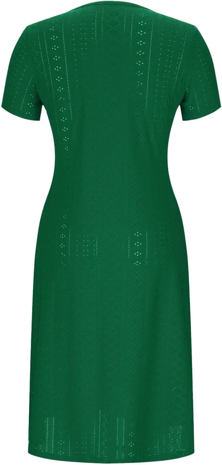 Button Front Midi Dress for Women Short Sleeve Casual Hide Tummy Loose Pockets Eyelet Summer