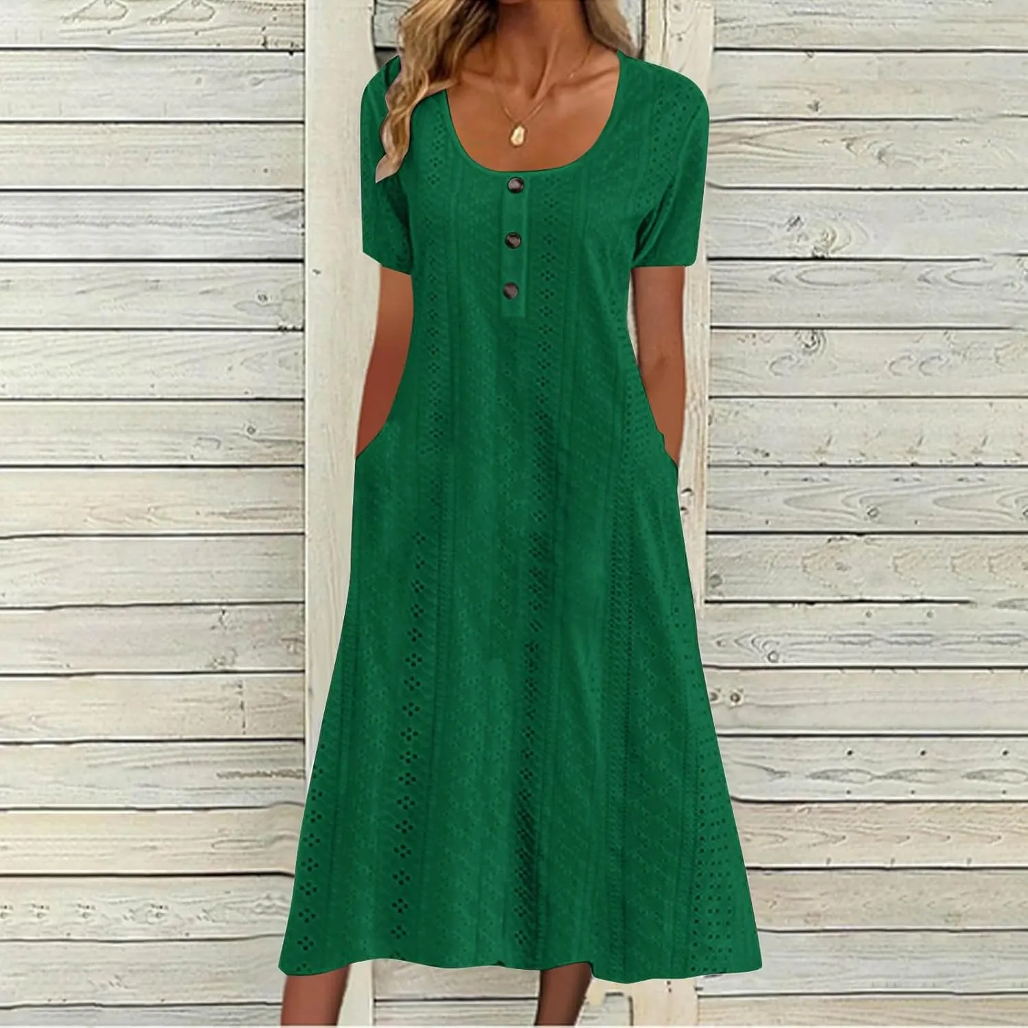 Button Front Midi Dress for Women Short Sleeve Casual Hide Tummy Loose Pockets Eyelet Summer