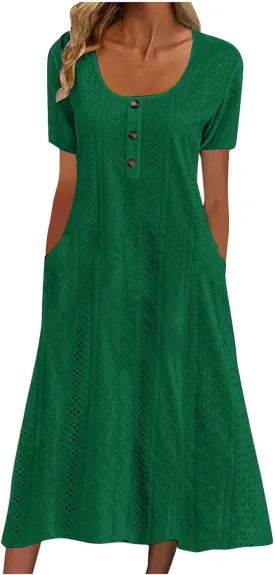 Button Front Midi Dress for Women Short Sleeve Casual Hide Tummy Loose Pockets Eyelet Summer