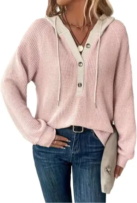 Color Block Drawstring Hoodie Womens Button Front V Neck Sweatshirt Fall Vaction Loose Casual Long Sleeve Shirt