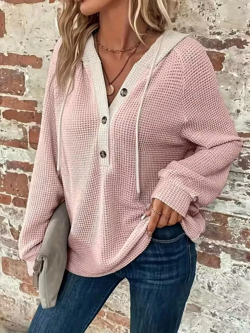 Color Block Drawstring Hoodie Womens Button Front V Neck Sweatshirt Fall Vaction Loose Casual Long Sleeve Shirt