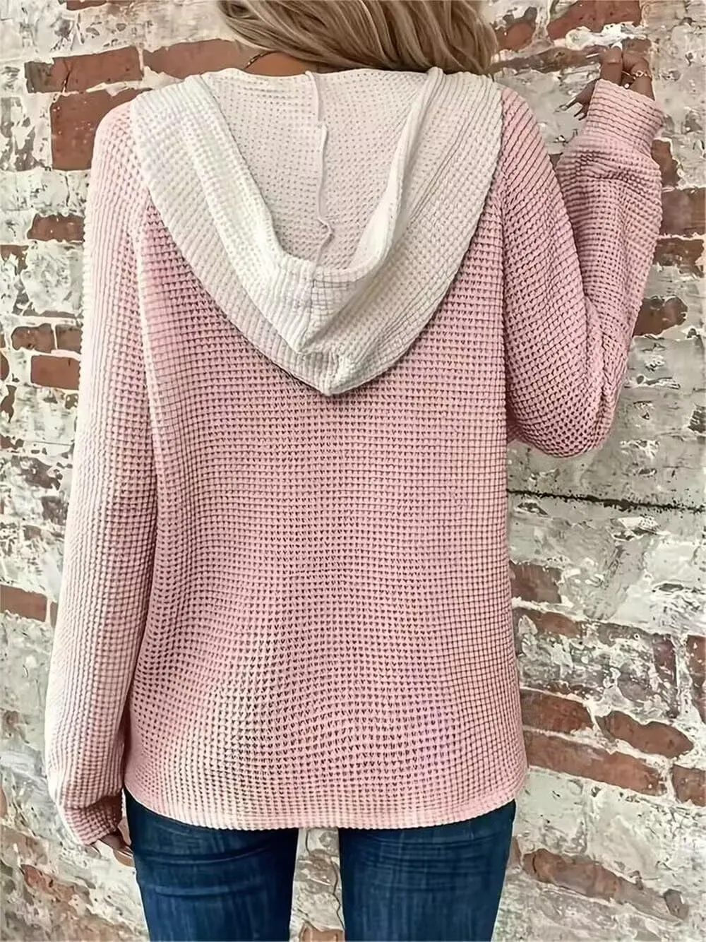 Color Block Drawstring Hoodie Womens Button Front V Neck Sweatshirt Fall Vaction Loose Casual Long Sleeve Shirt