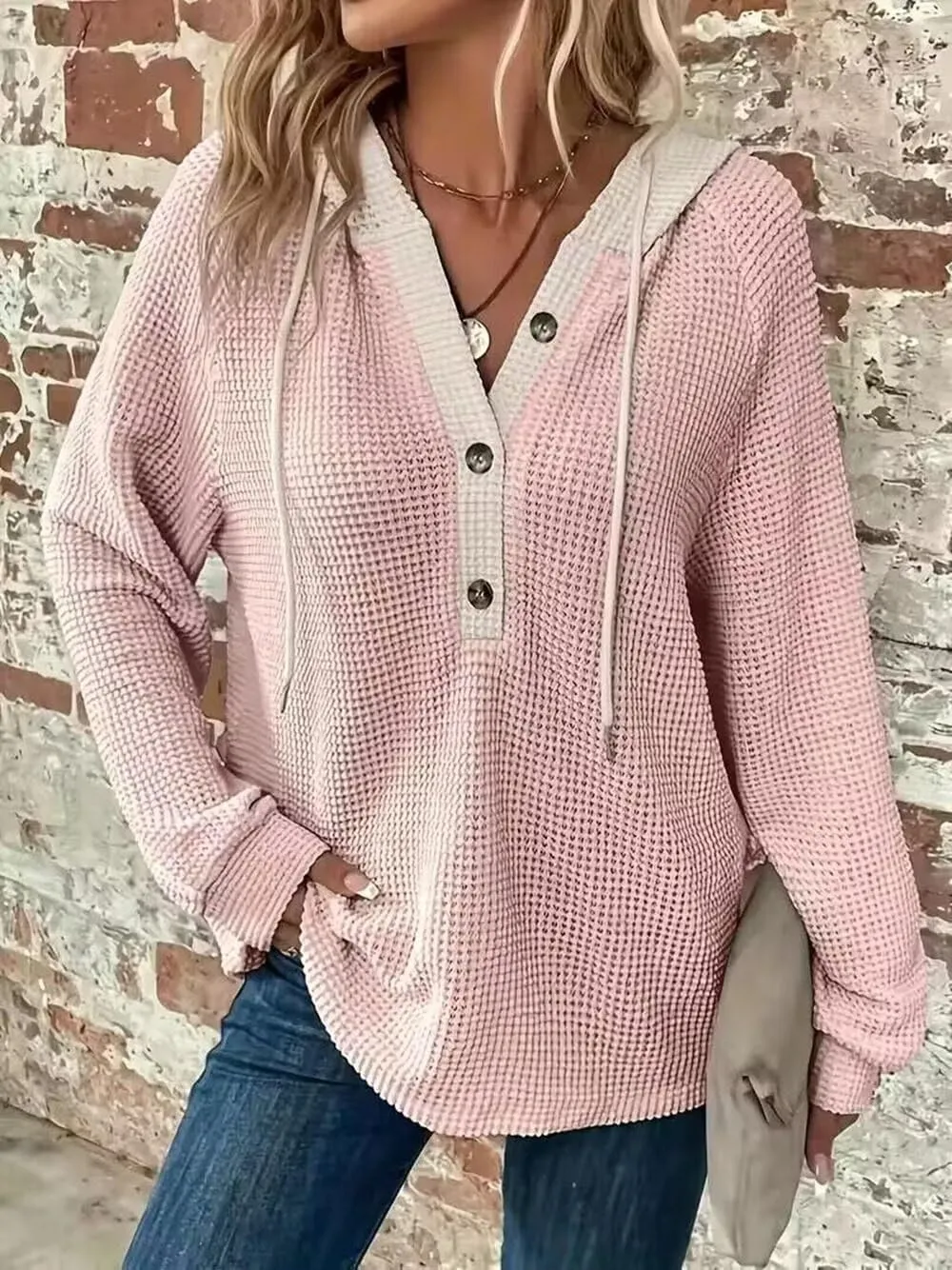 Color Block Drawstring Hoodie Womens Button Front V Neck Sweatshirt Fall Vaction Loose Casual Long Sleeve Shirt