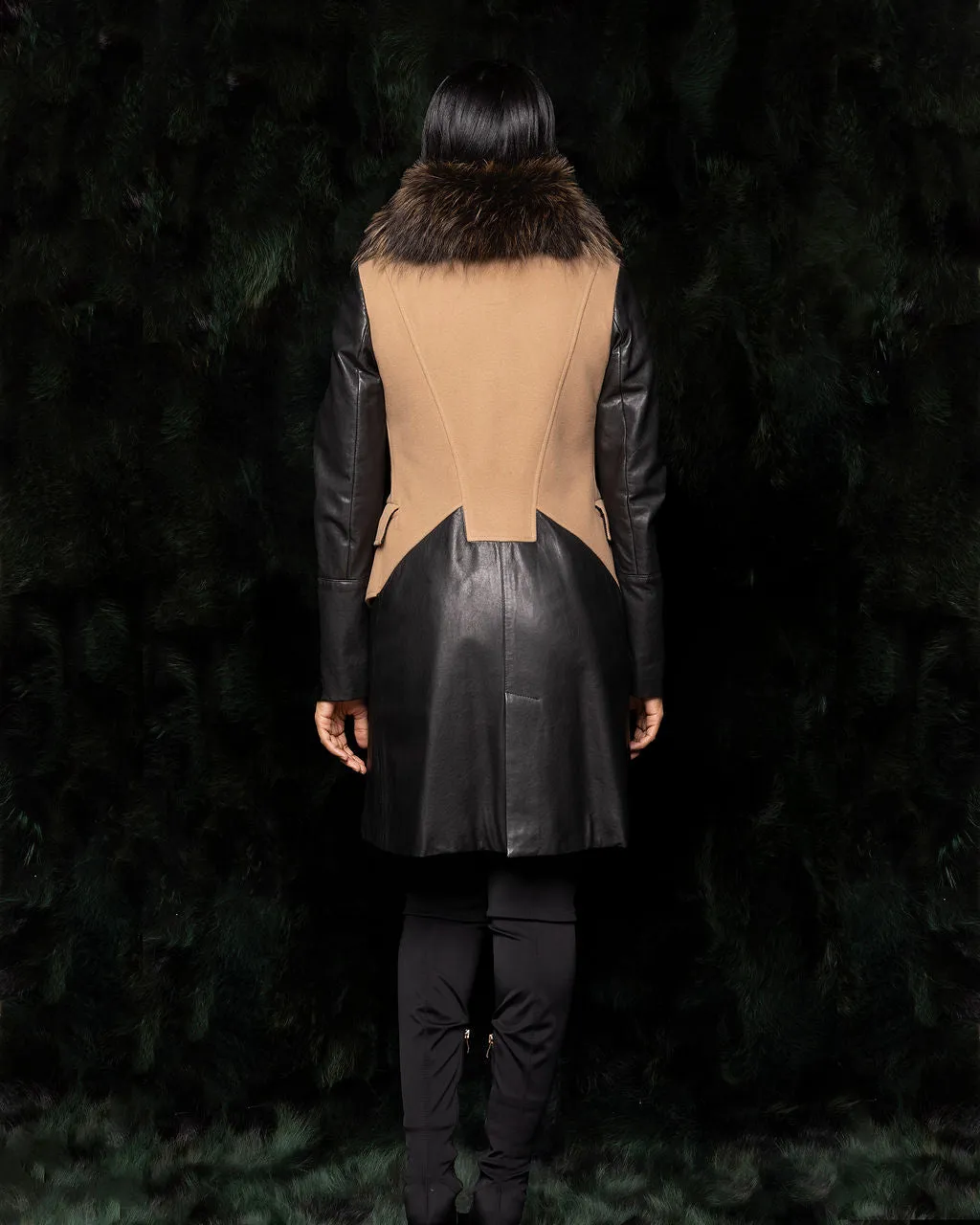 Contrast Wool & Leather Trench Coat w. Fox Trim