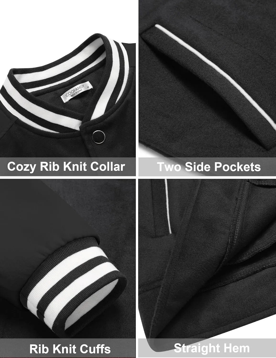 COOFANDY Men's Varsity Jacket Wool Blend Letterman Bomber Jacket Baseball Lightweight Jacket