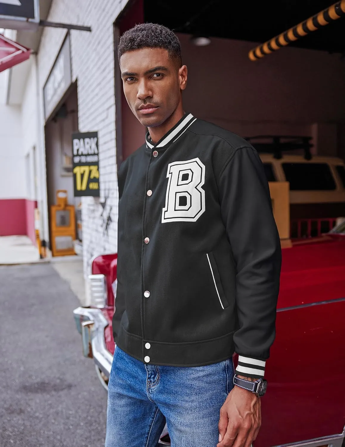 COOFANDY Men's Varsity Jacket Wool Blend Letterman Bomber Jacket Baseball Lightweight Jacket