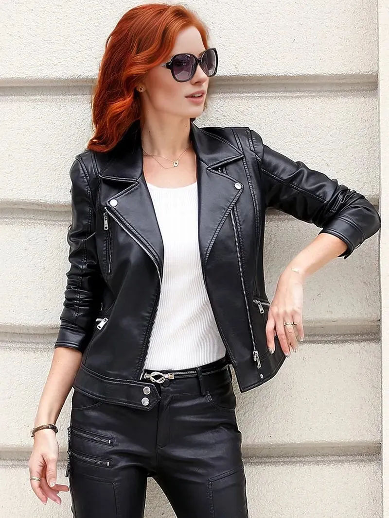 Stylish Genuine Leather Motorcycle Jacket for Women by Crista - Fall Collection