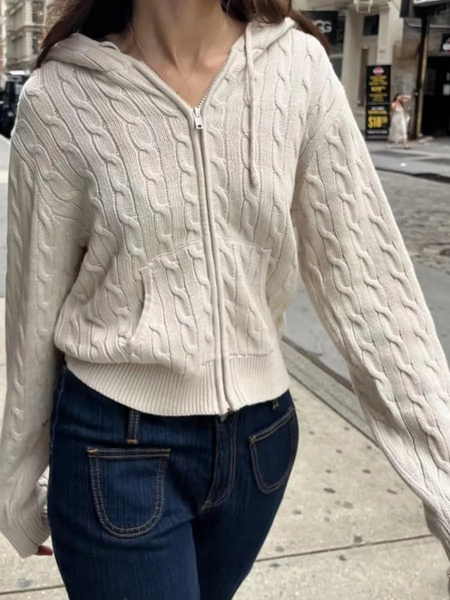 Cropped Cardigan Women Zip up Y2k Hoodie Preppy Cable Knit Sweaters Lightweight Cute Coquette Clothes