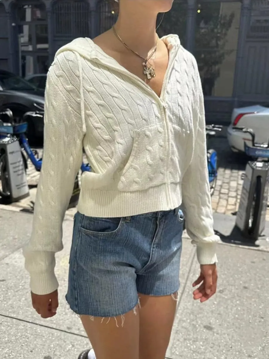 Cropped Cardigan Women Zip up Y2k Hoodie Preppy Cable Knit Sweaters Lightweight Cute Coquette Clothes