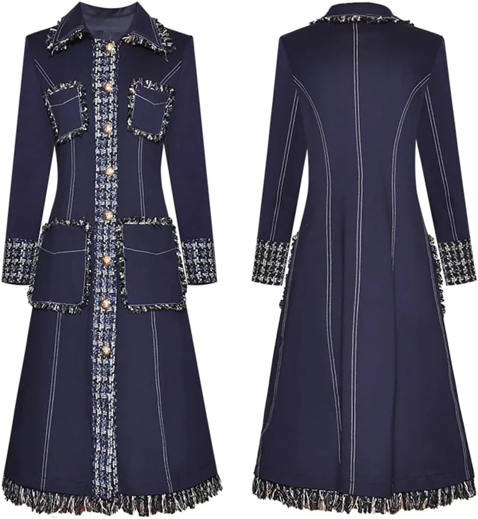 ERFMFKL Womens Single-Breasted Tassel Trench Coats Patchwork Long Sleeve Pocket A-Line Overcoat