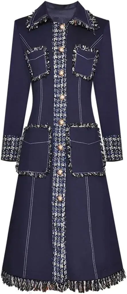 ERFMFKL Womens Single-Breasted Tassel Trench Coats Patchwork Long Sleeve Pocket A-Line Overcoat