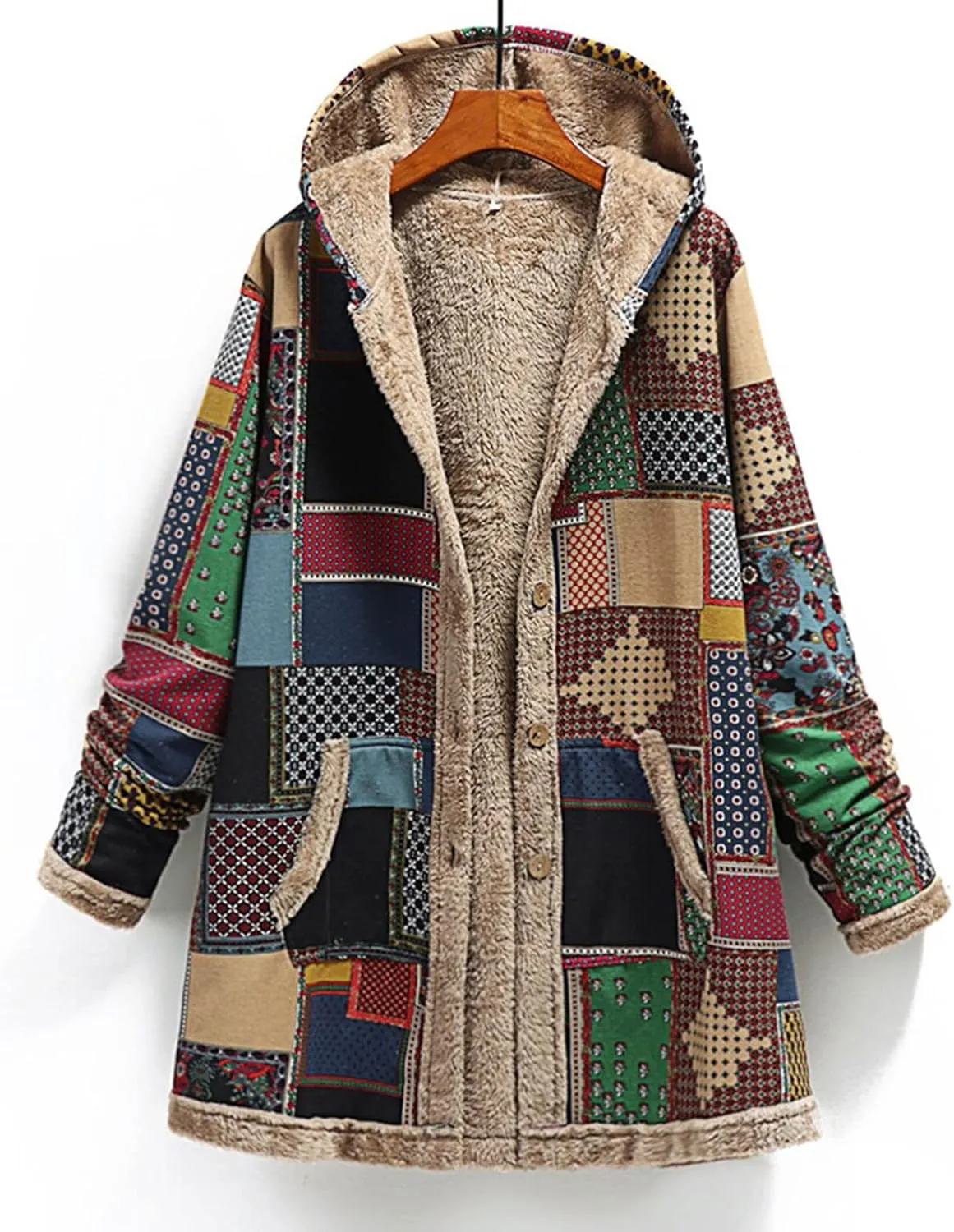 Finelylove Winter Jackets for Women 2024 Westren Aztec Print Graphic Hoodie Jacket Fleece Sherpa Lined Vintage Trench Coat