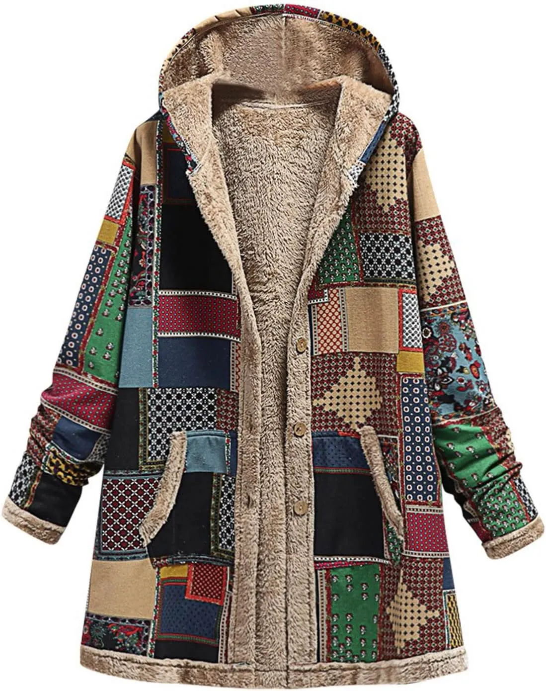 Finelylove Winter Jackets for Women 2024 Westren Aztec Print Graphic Hoodie Jacket Fleece Sherpa Lined Vintage Trench Coat