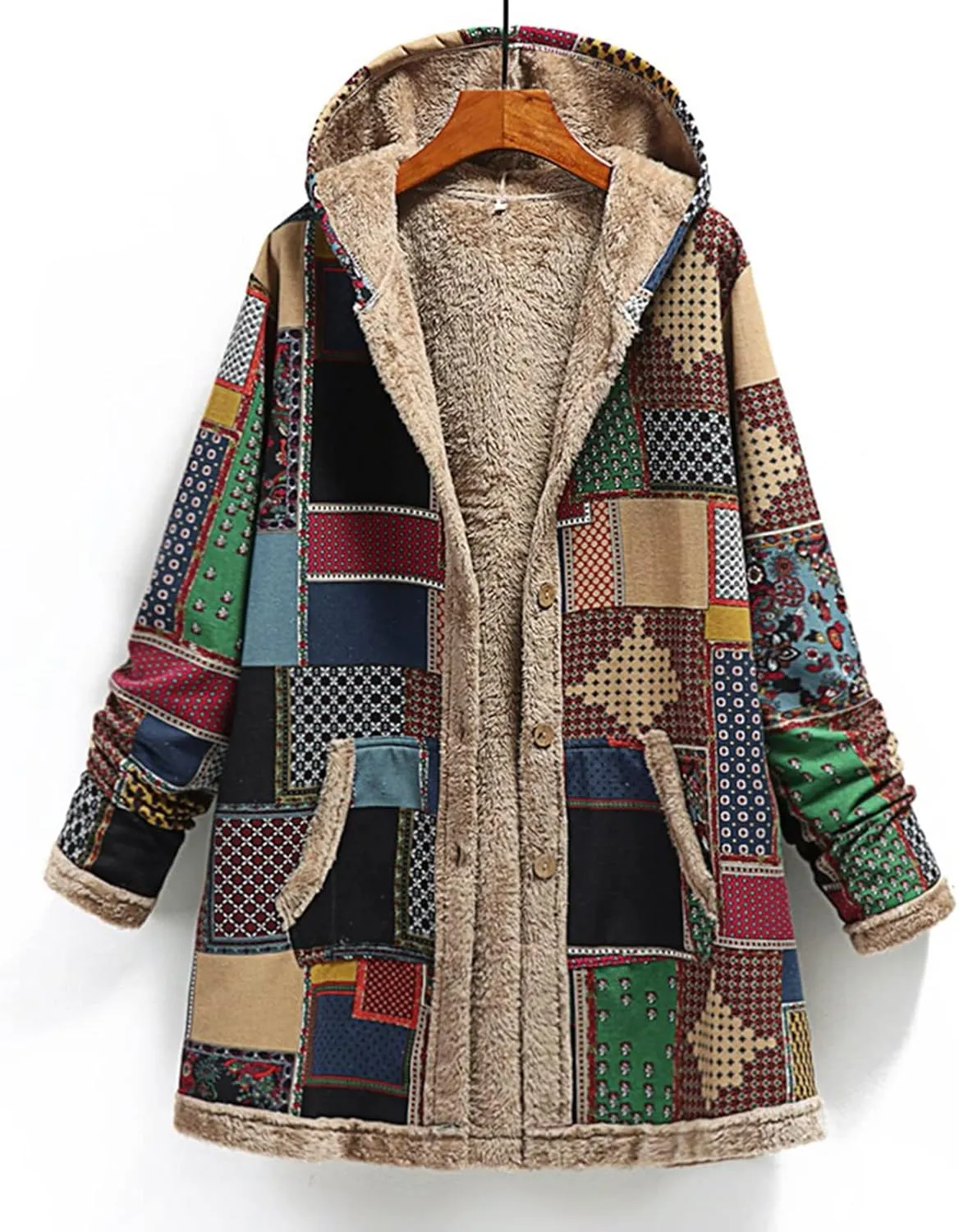 Finelylove Winter Jackets for Women 2024 Westren Aztec Print Graphic Hoodie Jacket Fleece Sherpa Lined Vintage Trench Coat