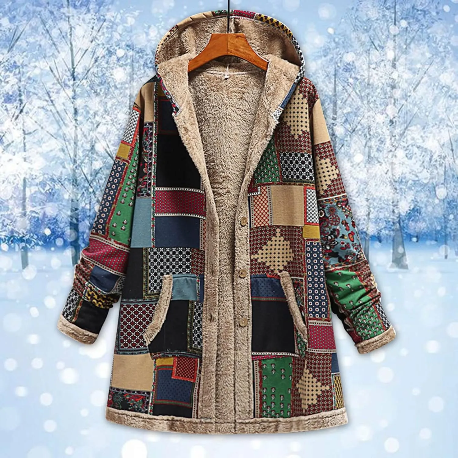 Finelylove Winter Jackets for Women 2024 Westren Aztec Print Graphic Hoodie Jacket Fleece Sherpa Lined Vintage Trench Coat