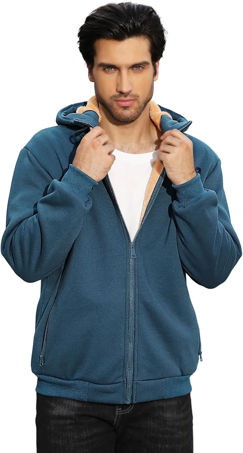 Fleece Hoodies for Men Heavyweight Winter Full-Zip Sweatshirt Sherpa Lined Hooded Thermal Jacket Thick Warm Coats