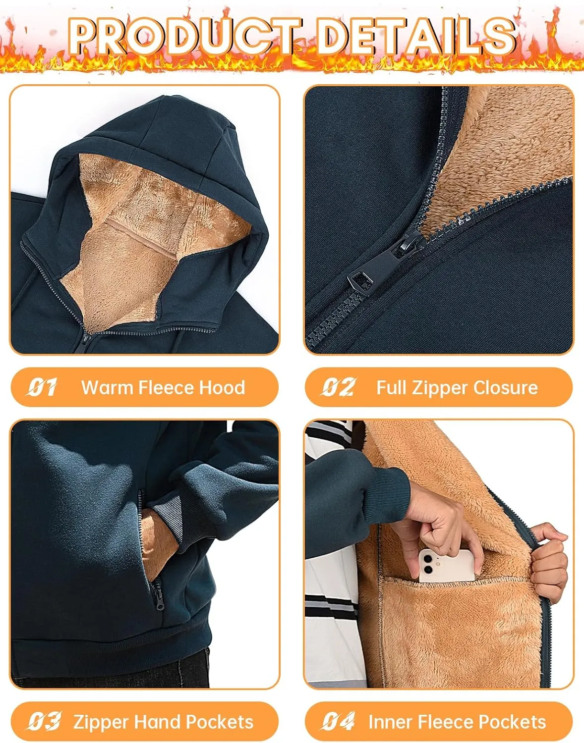 Fleece Hoodies for Men Heavyweight Winter Full-Zip Sweatshirt Sherpa Lined Hooded Thermal Jacket Thick Warm Coats