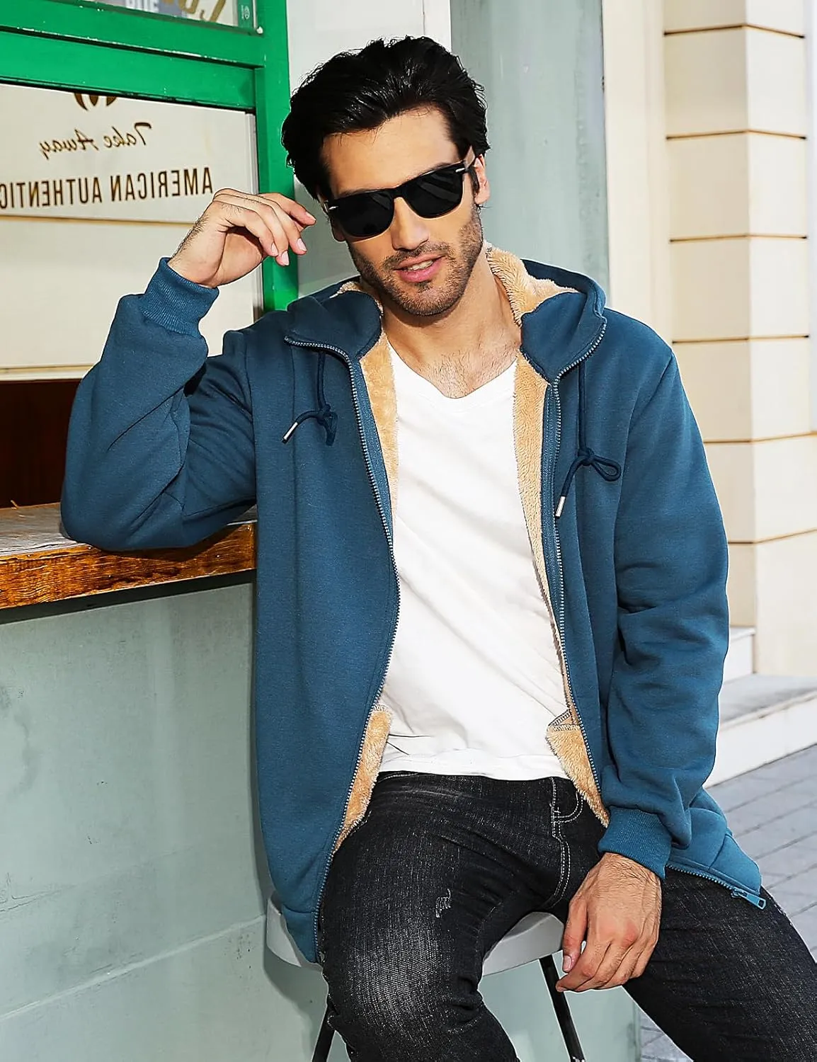 Fleece Hoodies for Men Heavyweight Winter Full-Zip Sweatshirt Sherpa Lined Hooded Thermal Jacket Thick Warm Coats