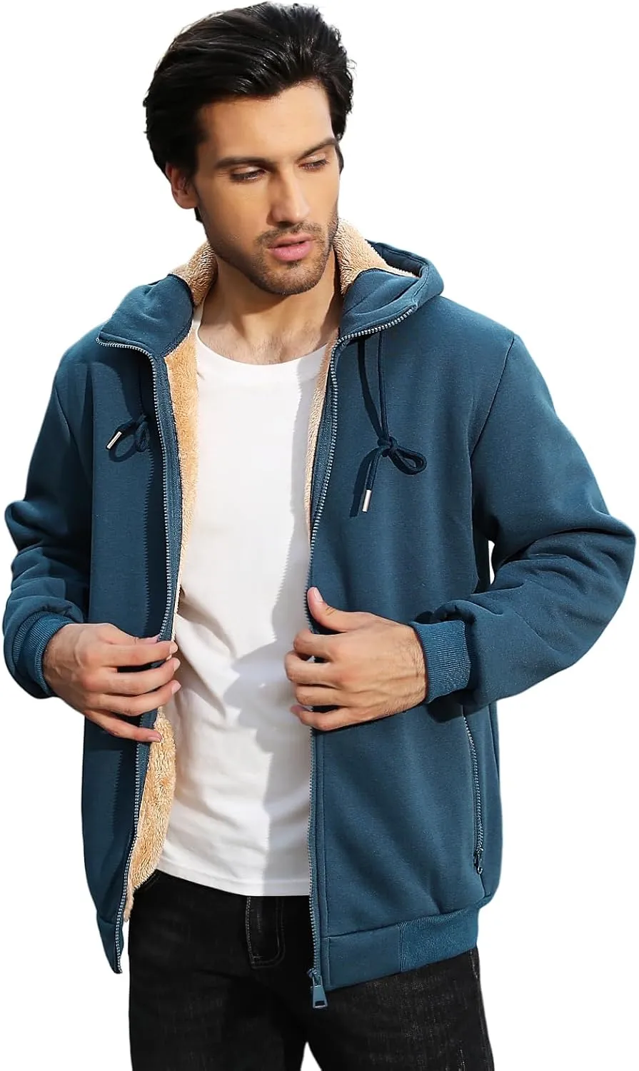 Fleece Hoodies for Men Heavyweight Winter Full-Zip Sweatshirt Sherpa Lined Hooded Thermal Jacket Thick Warm Coats
