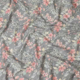 Fossil grey cotton satin fabric with multicolor print in floral design-D16775
