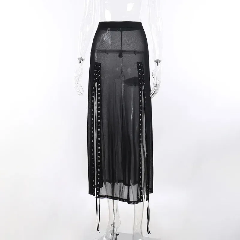 Goth Mesh Lace Aesthetical Summer Up Perspective Slit Side Dark Skirt