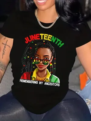 Juneteenth Cartoon Figure & Letter Casual Short Sleeve T-shirt for Women