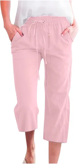 Linen Capri Pants for Women Casual 2025 Summer Drawstring Elastic High Waist Capris Wide Leg Cropped Trousers