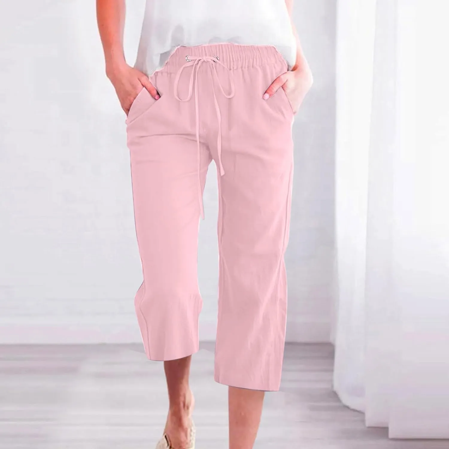 Linen Capri Pants for Women Casual 2025 Summer Drawstring Elastic High Waist Capris Wide Leg Cropped Trousers