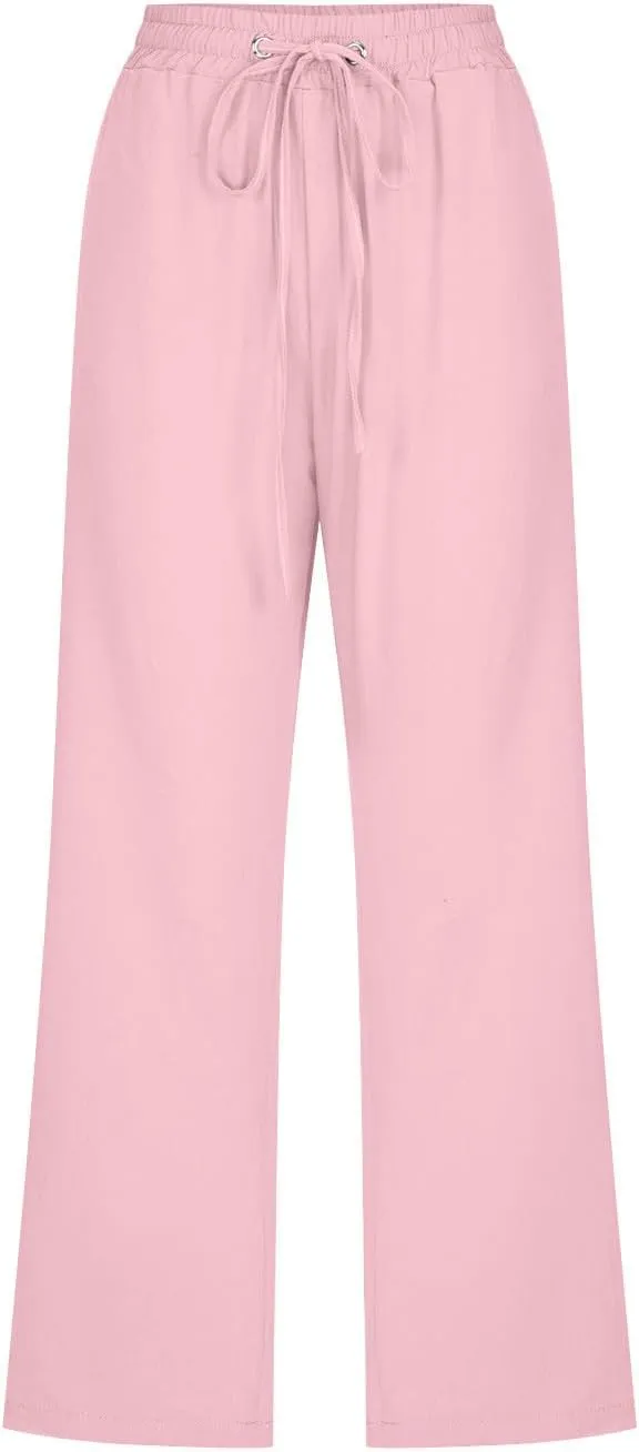 Linen Capri Pants for Women Casual 2025 Summer Drawstring Elastic High Waist Capris Wide Leg Cropped Trousers