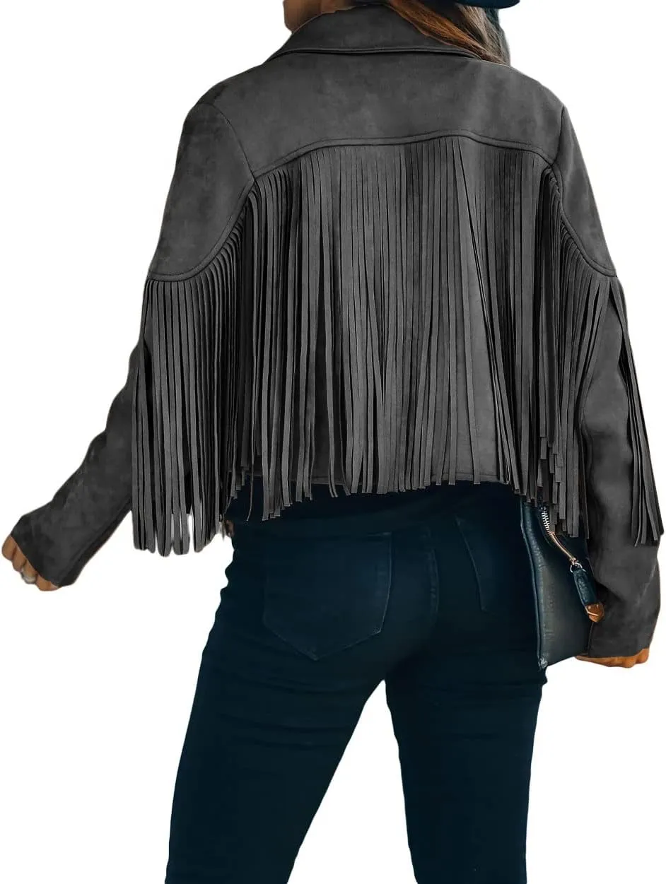 loveimgs Women Faux Suede Fringe Jacket Western Tassel Cropped Jacket Biker Motorcycle Leather Jacket