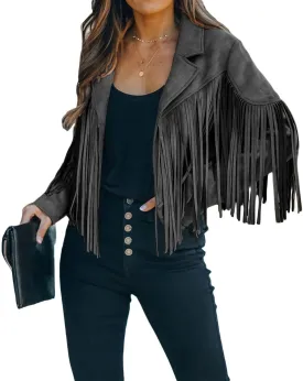 loveimgs Women Faux Suede Fringe Jacket Western Tassel Cropped Jacket Biker Motorcycle Leather Jacket