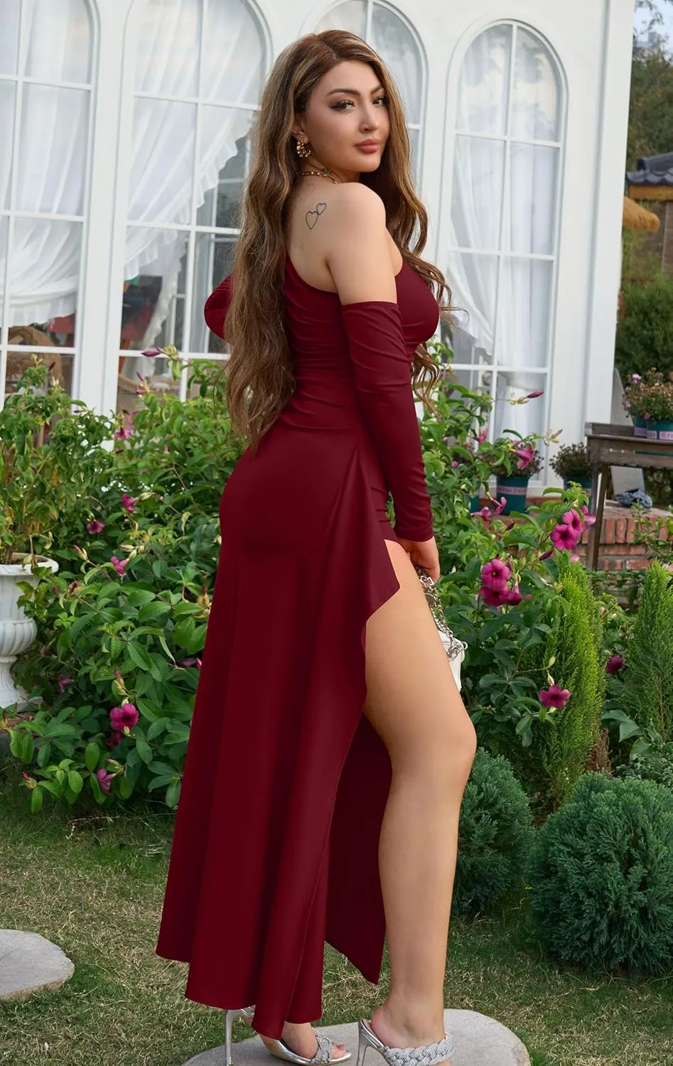 Memoriesea Women's One Shoulder Long Sleeve Sexy High Slit Wedding Guest Party Maxi Dress