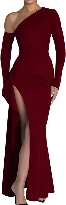 Memoriesea Women's One Shoulder Long Sleeve Sexy High Slit Wedding Guest Party Maxi Dress