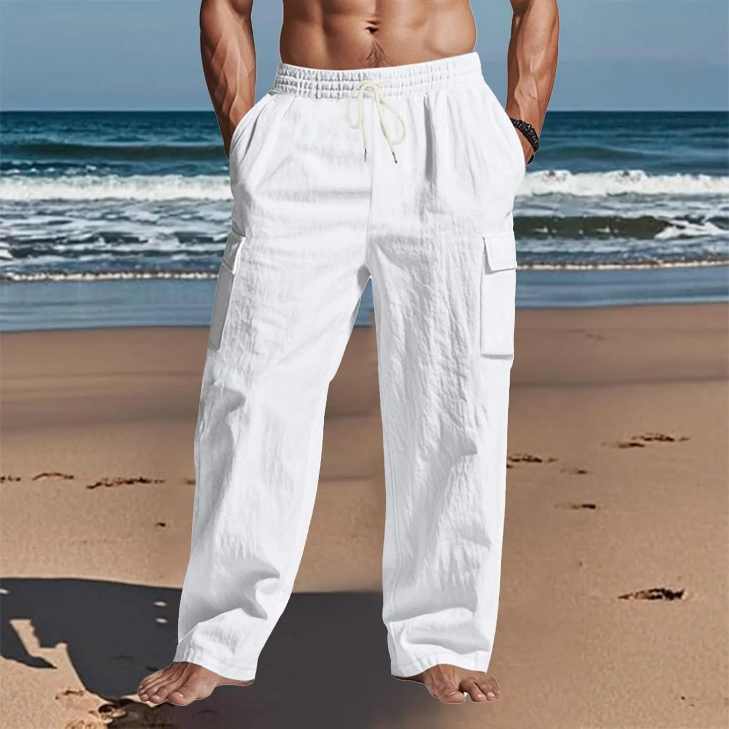 Men's Casual Linen Pants Summer Beach Loose Long Trousers