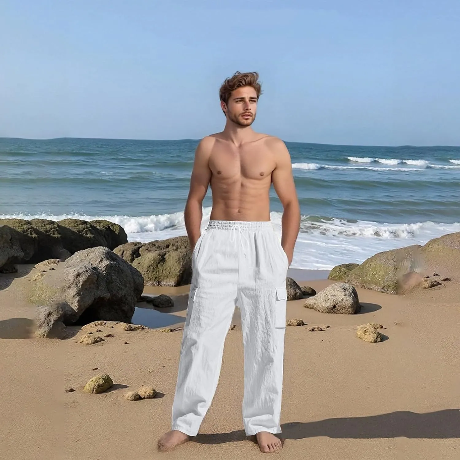 Men's Casual Linen Pants Summer Beach Loose Long Trousers