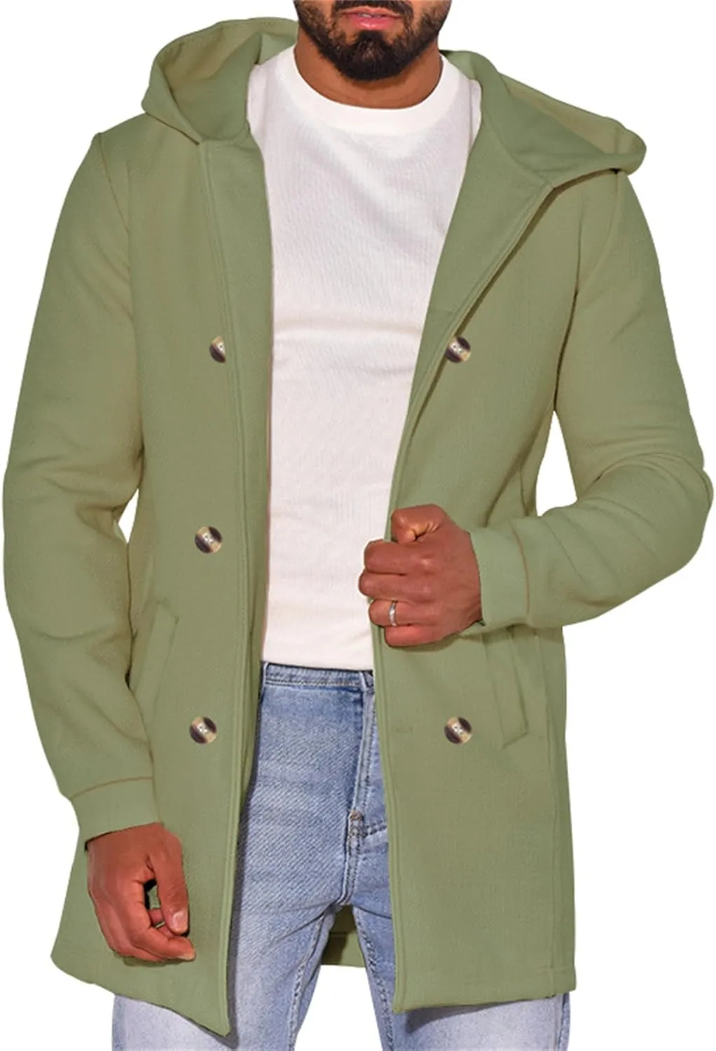 Mens Classic Trench Coat Wool Blend Cardigan Jacket Fleece Lined Long Business Overcoat Warm Hooded Double-Breasted Pea Coat