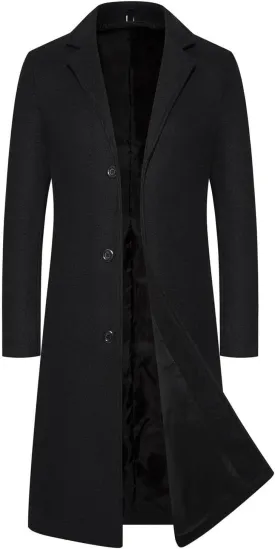 Mens Full Length Winter Trench Coat Double Breasted Wool Warm Long Windbreaker Notch Lapel Solid Overcoat Peacoat