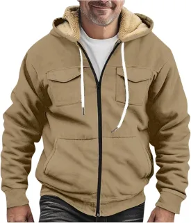 Mens Winter Coat With Hood Fleece Zip Up Coat Thermal Heavy Windbreaker Casual Vintage Oversized Jacket