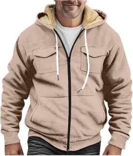 Mens Winter Coat With Hood Fleece Zip Up Coat Thermal Heavy Windbreaker Casual Vintage Oversized Jacket