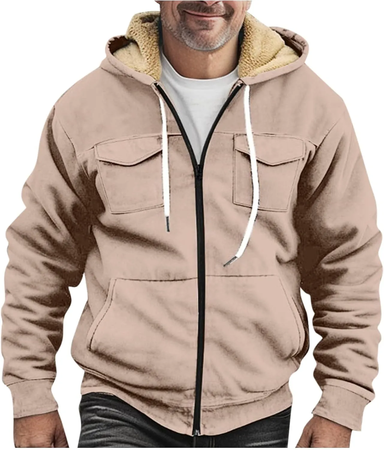 Mens Winter Coat With Hood Fleece Zip Up Coat Thermal Heavy Windbreaker Casual Vintage Oversized Jacket