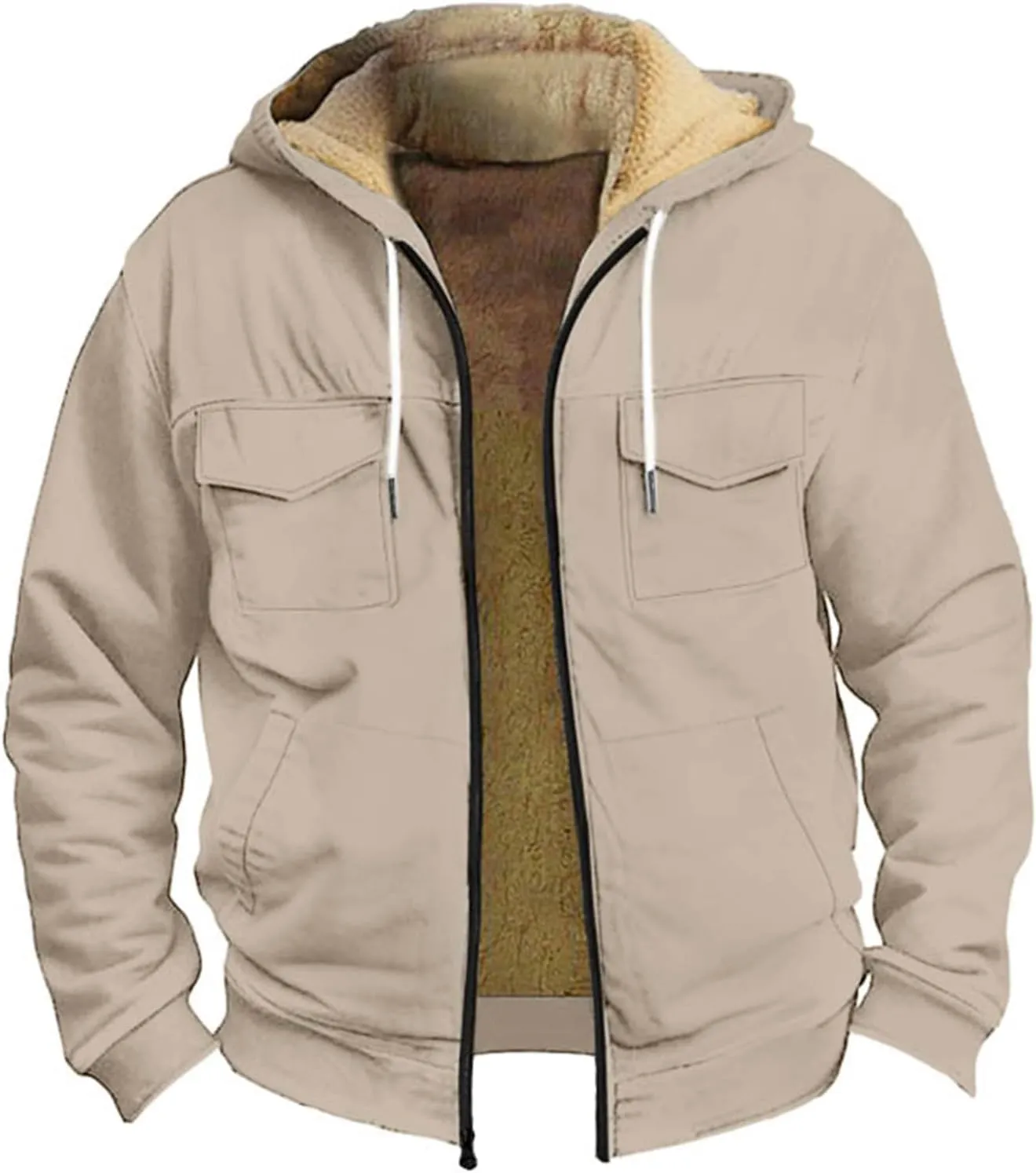 Mens Winter Coat With Hood Fleece Zip Up Coat Thermal Heavy Windbreaker Casual Vintage Oversized Jacket