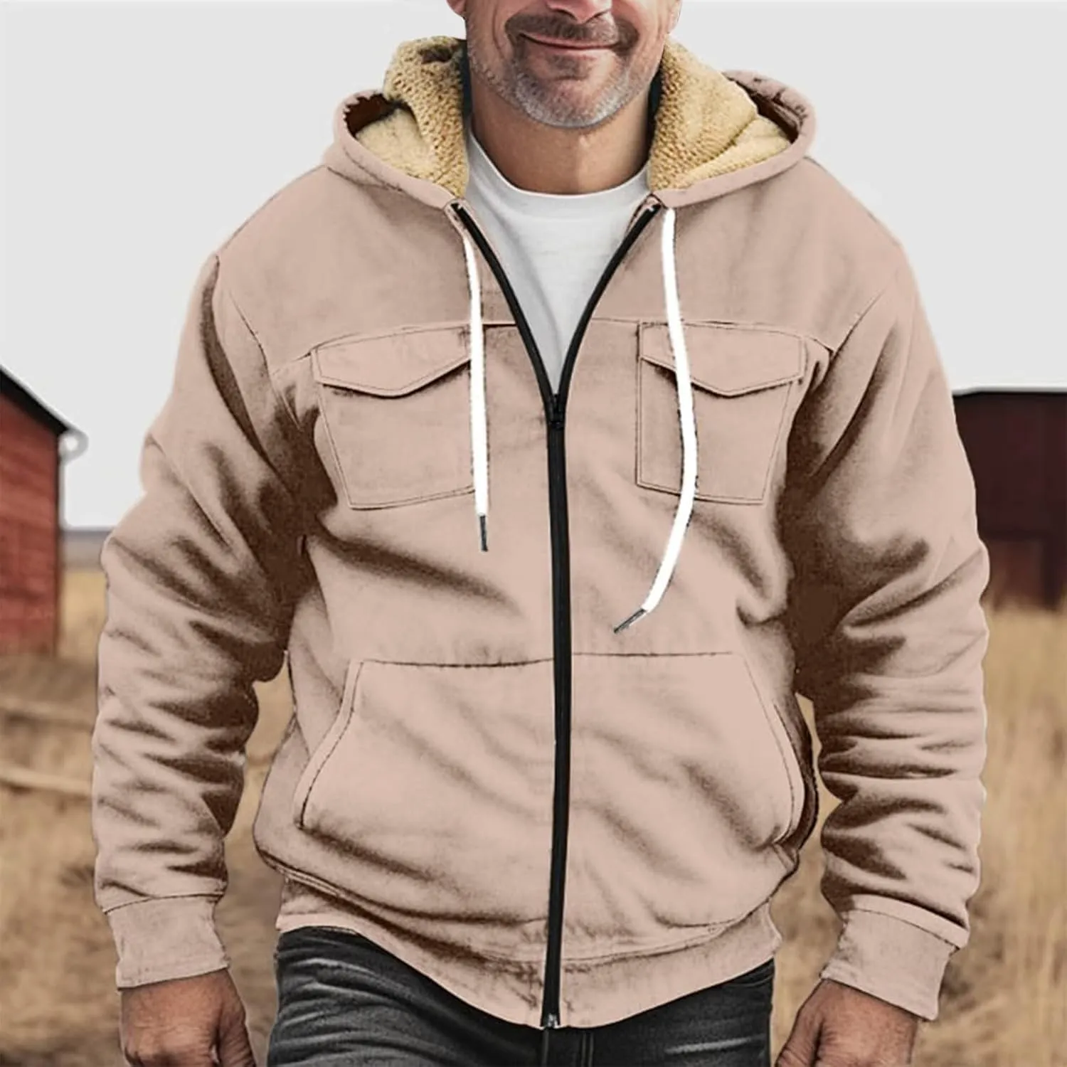 Mens Winter Coat With Hood Fleece Zip Up Coat Thermal Heavy Windbreaker Casual Vintage Oversized Jacket