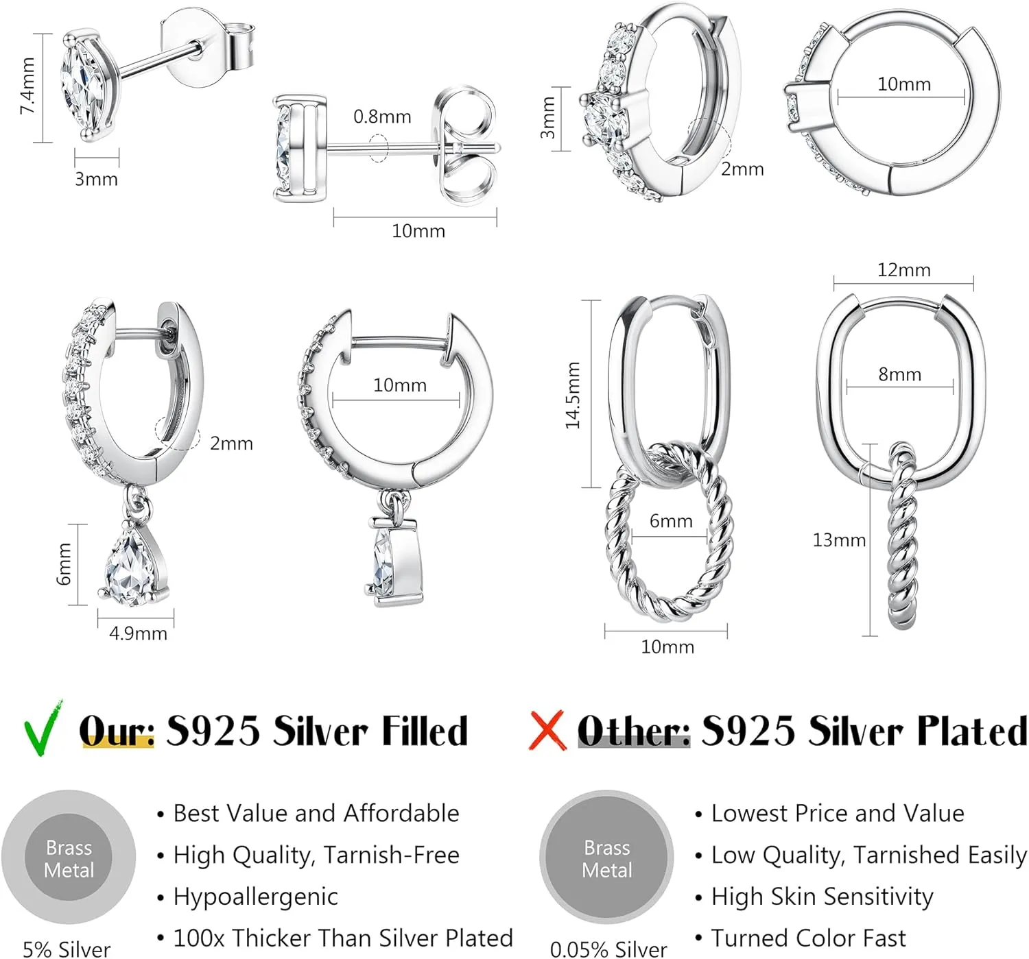 MILACOLATO 4 Pairs Silver Earrings for Women Trendy, 14K Gold Filled/Sterling Silver Plated Hypoallergenic Stud Huggie Hoop Earrings, Lightweight Gold Cartilage Earrings Stacks for Multiple Piercing Jewelry Gifts